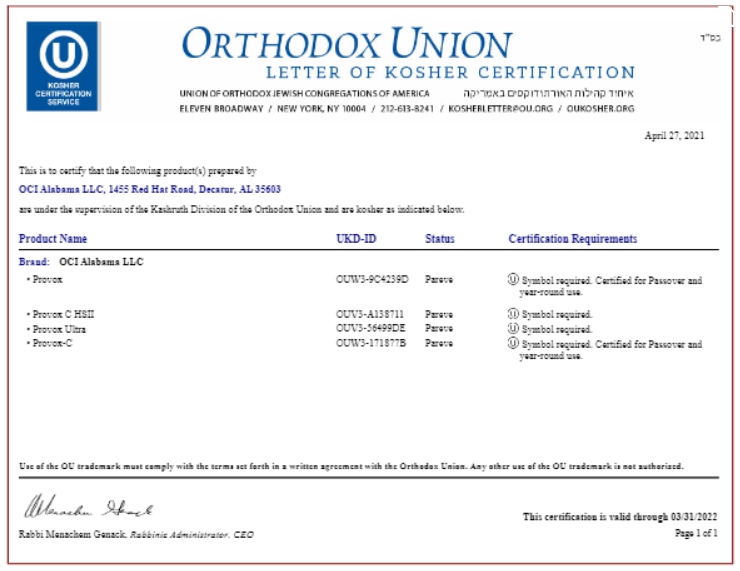 Certificate of Orthodox Union Letter of Kosher Certification